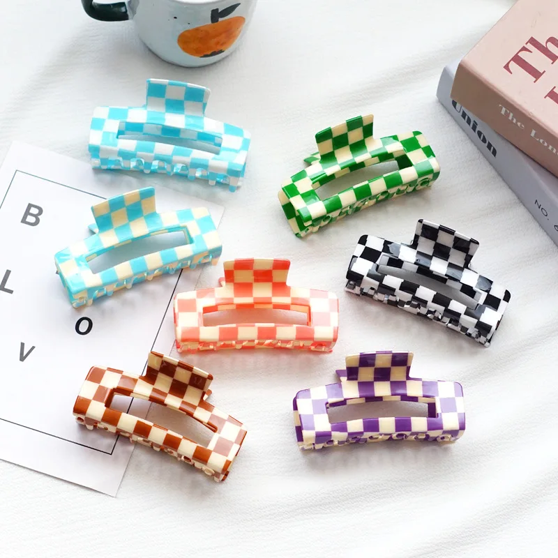 GIRLIZE 5/7.5/8.5/9.5/10.5cm Korean Large Colorful Geometric Checkered Hair Claw Small PVC Plastic Acrylic Claw Clip For Women