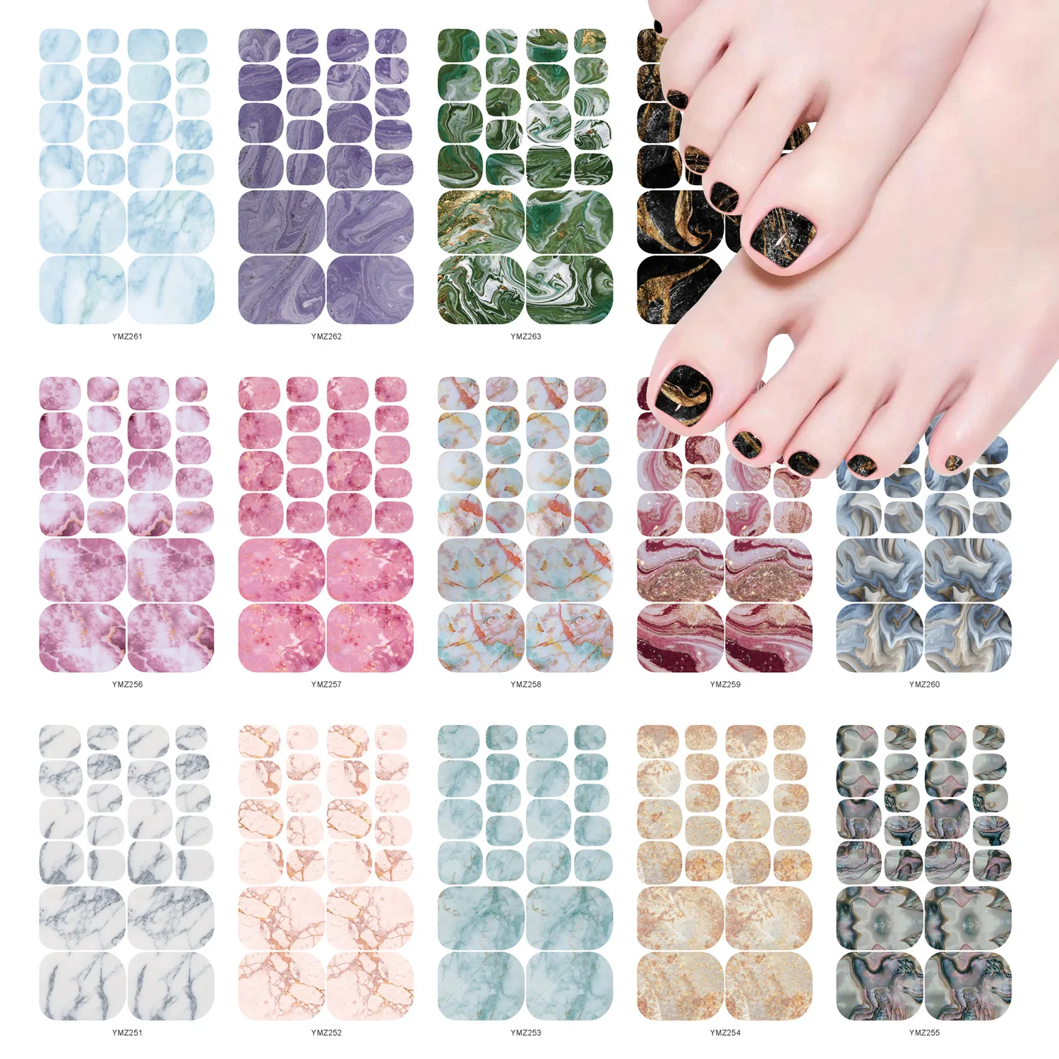 Wholesale toe nail sticker Glossy matte lamination nail strips sticker Marble Print Full Wraps Toenail Polish Stickers