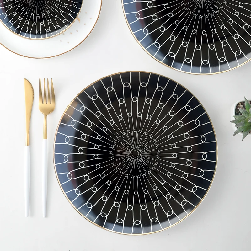 nordic light luxury wedding black marble plates ceramic dinner sets with gold rimmed