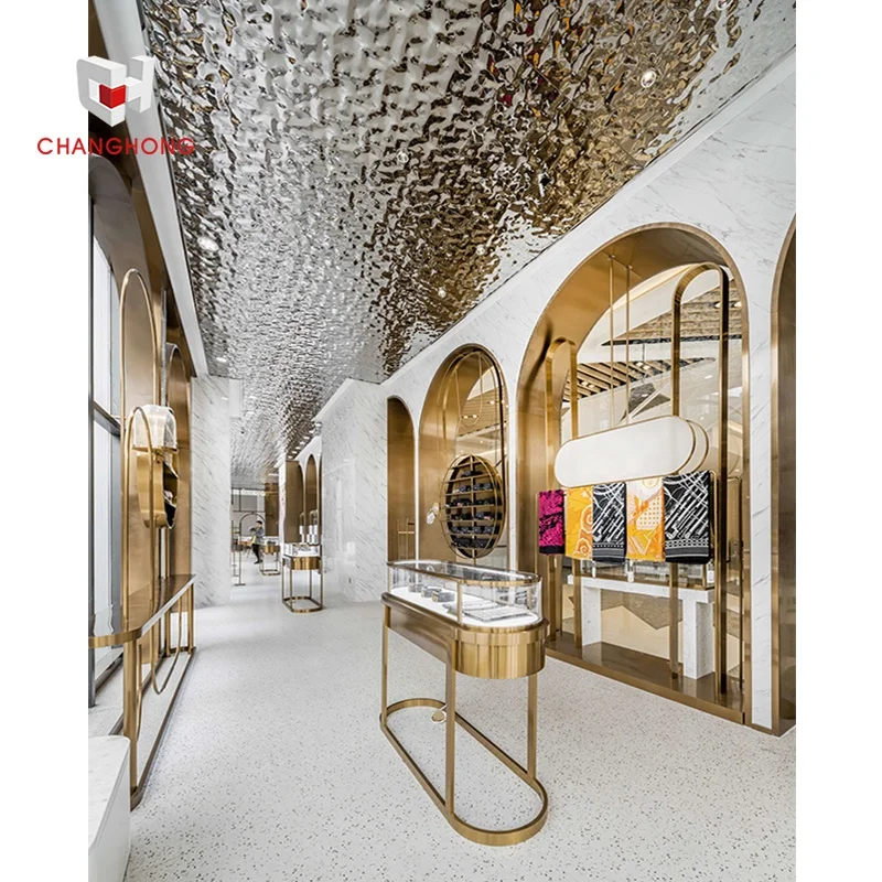 Luxury Metal Shop Fittings With LED For Gold Shop Retail Store Cabinet Display Table Glass Display Case Jewelry Display Showcase