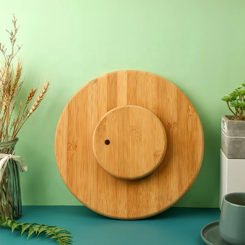 Classical Bamboo Round Tabletop Cheese Serving Board with Lazy Susan Dinning Turntable Wooden Rotating Tray Cutting Board Color