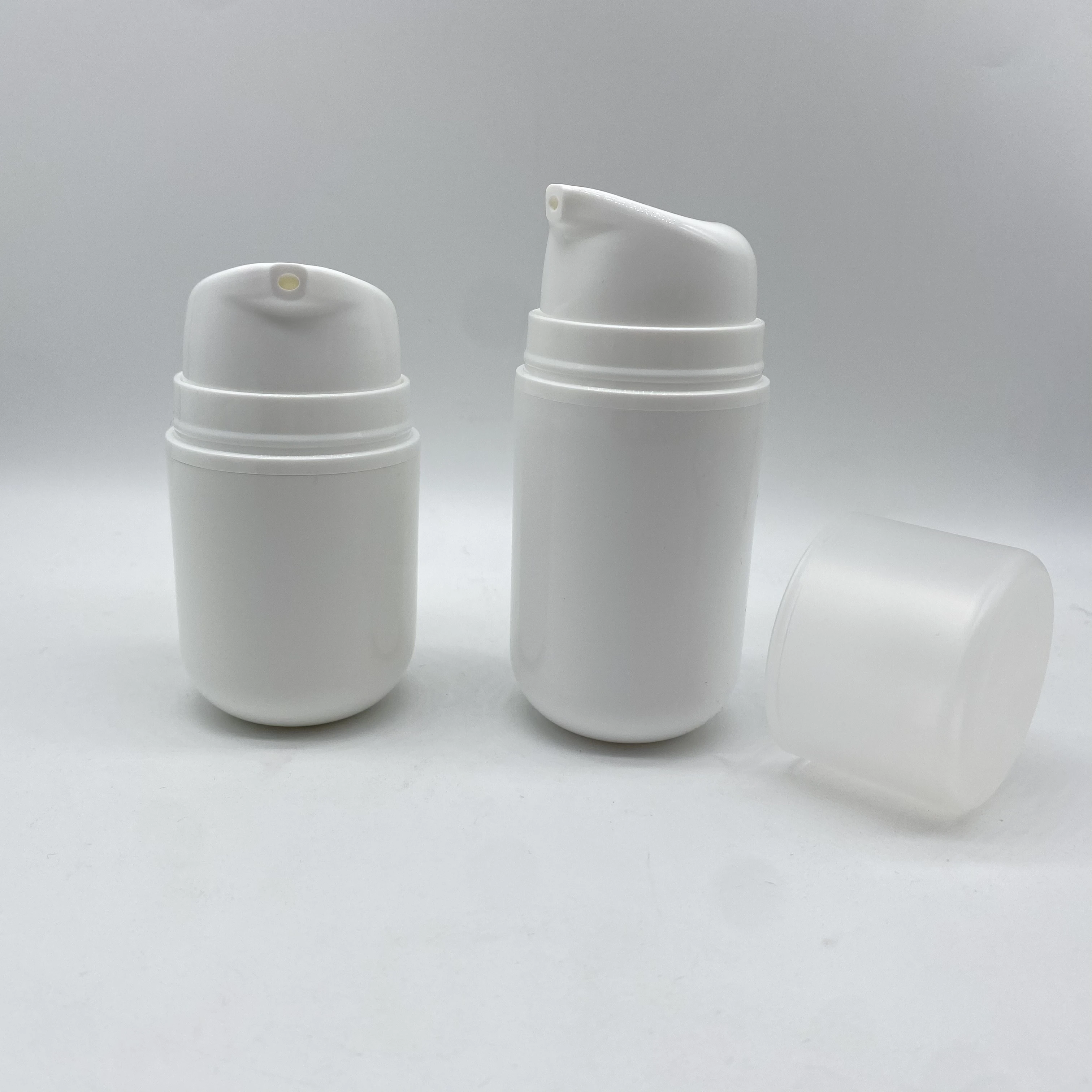 yuyao factory 50ml white PP airless bottle with frosted cap/30ml round baby care cream packaging