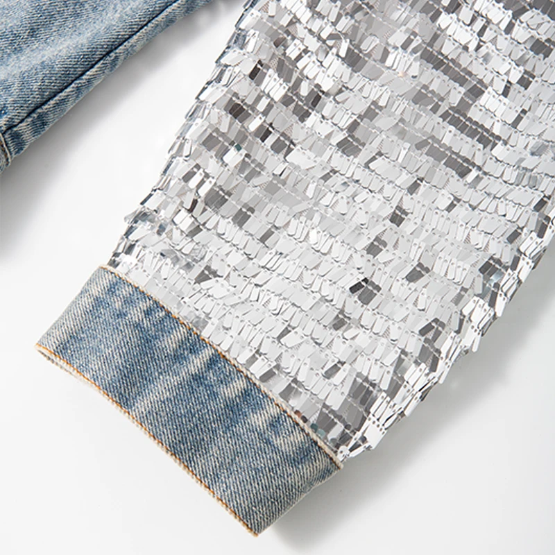 Fashionable Sexy Patchwork Womens Denim Jackets Shinny Outer Wear Sequins High Street Women Washed Denim Jacket