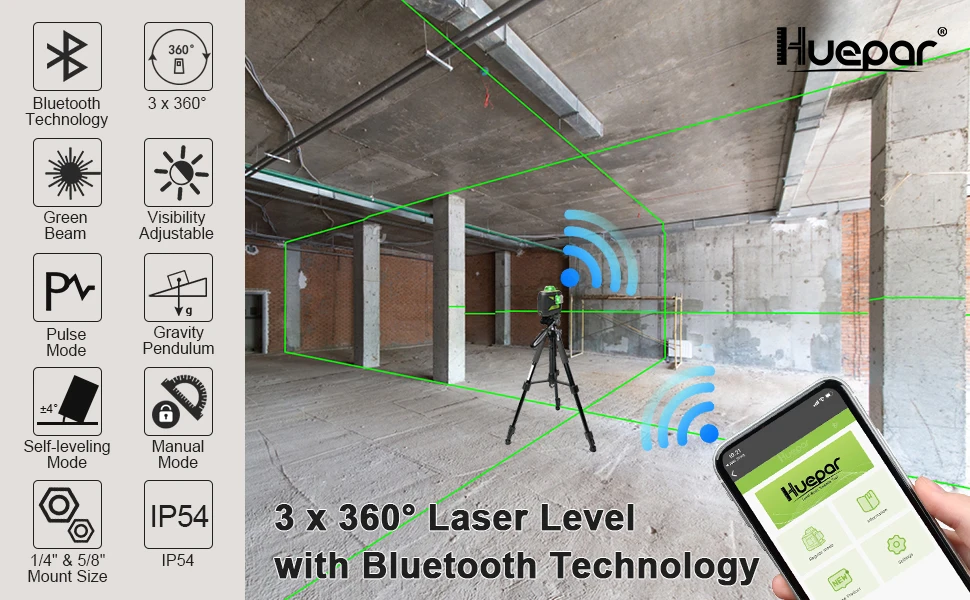 Huepar 603CG Bt 3d 12 Cross Line Laser Nivel Self Leveling With Long Battery Life