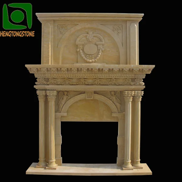 Home Decoration Hand Carved Freestanding Beige Marble Fireplace Mantel With Lion Statue