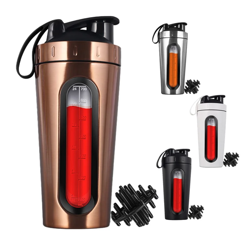 Custom Logo 700ML Shaker Bottle Visual Level Window 304 Stainless Steel Direct Drinking Protein Powder Mixing Adults Gym