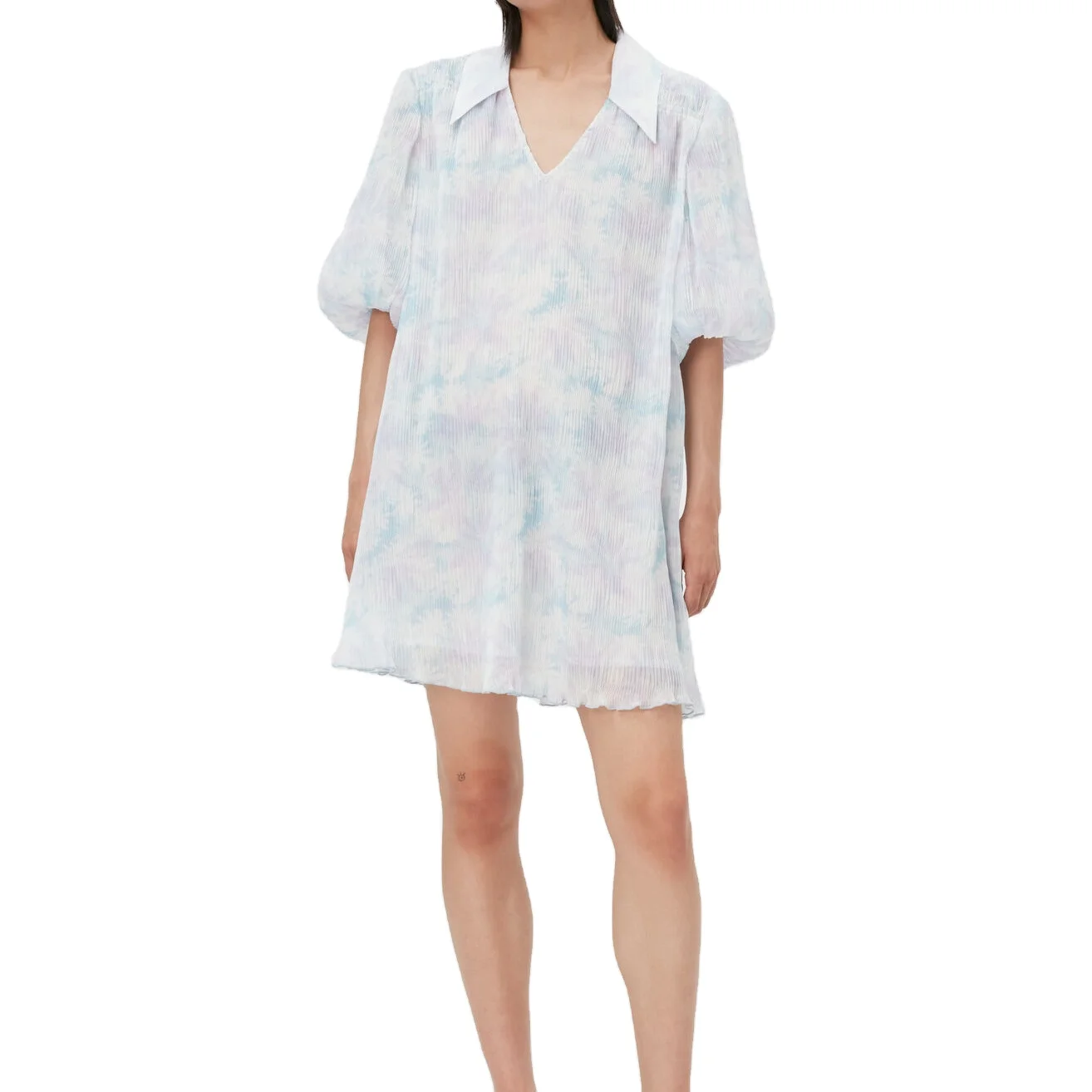 Trendy Custom Women Casual Short Dress Puff Sleeve V Neck Korea Summer Fashion Chiffon Dress 2022