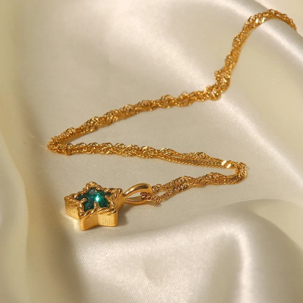 Chic 18K Gold Plated Stainless Steel Ripple Chain White Green Clear Cubic Zircon Star Pendant Necklace for Girls