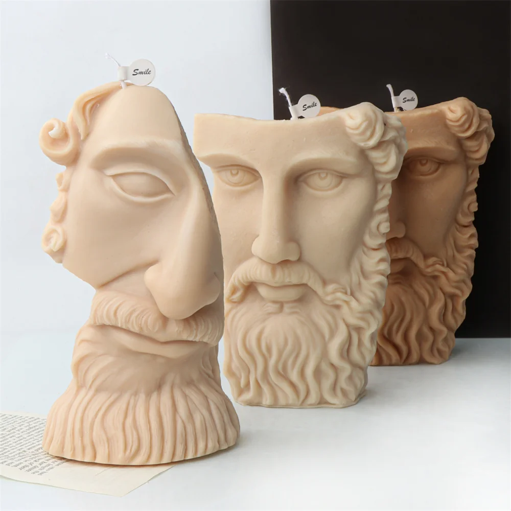 Greek Abstract Art Portrait Prometheus Candle Silicone Mold Freud Half Face Beard Man Statue Religion Man Silicone Model