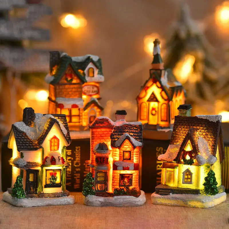 New Christmas Luminous House LED Lights Village Resin Chalet Cottage Model Hanging Ornaments for Xmas Tree Home Table Decors