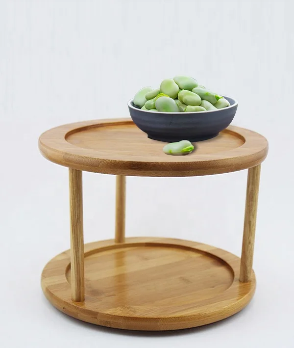 Addreen Multi-Use Home Decor Bamboo 2-Tier Round Wooden Plate Rack Potted Plants Holder Kitchen Counter Organizer