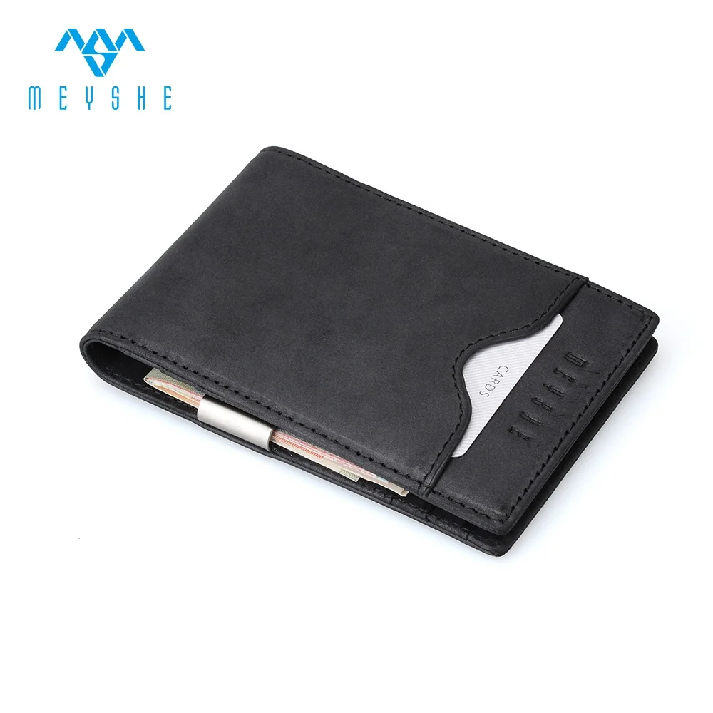 Custom logo crazy horse leather rfid slim money clip purse wallet