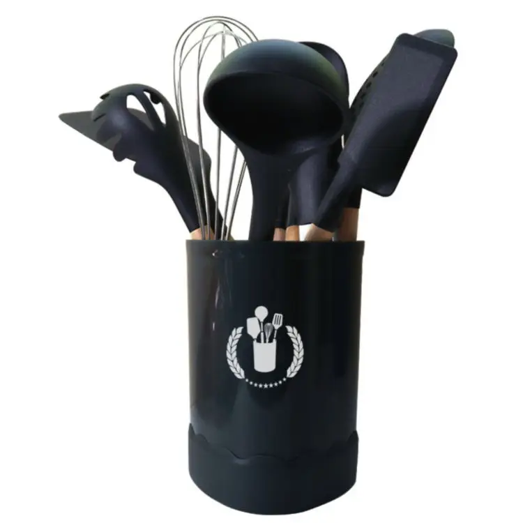 Wholesale Silicone Cookware Kitchen Tools Set with Stainless Steel Spatula Spoon and Wood Handle Utensils Includes Grater Stand