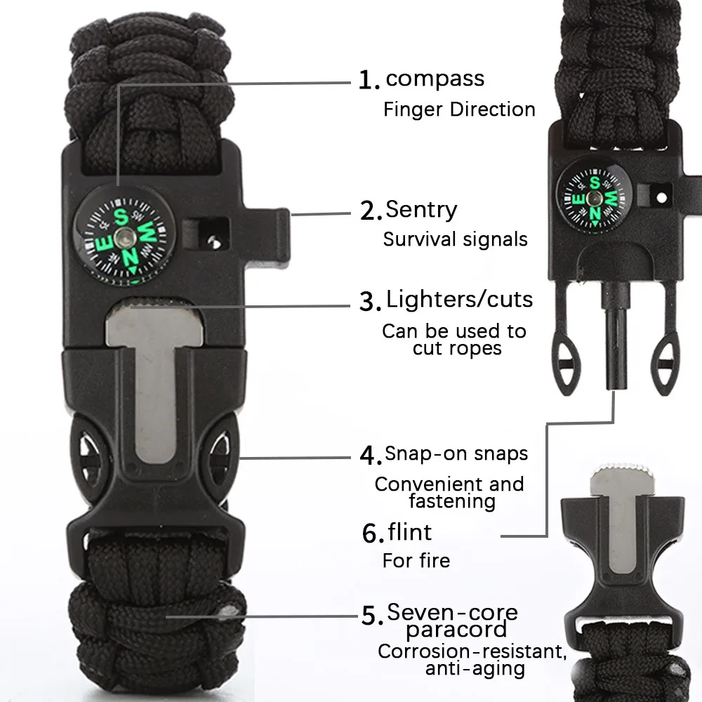 Seven-core Woven 5-in-1  Compass Hand Rope Outdoor Mountaineering Camping Emergency Survival Bracelet