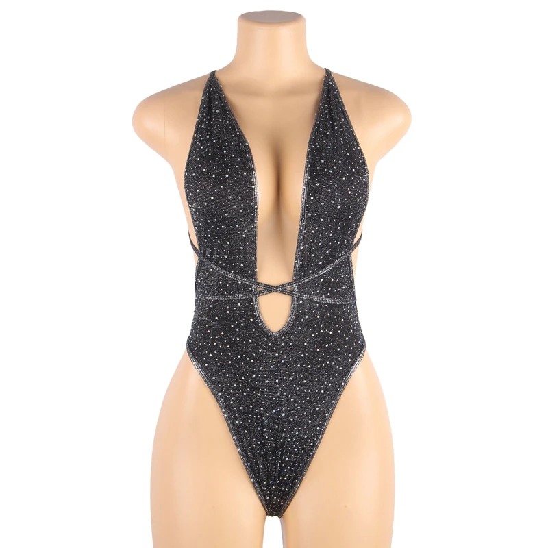 Black Wholesale Plus Size Club Outfits Erotic Diamond Ladies Rhinestone Backless Bodysuit 2022 Sexy Lingerie For Fat Women