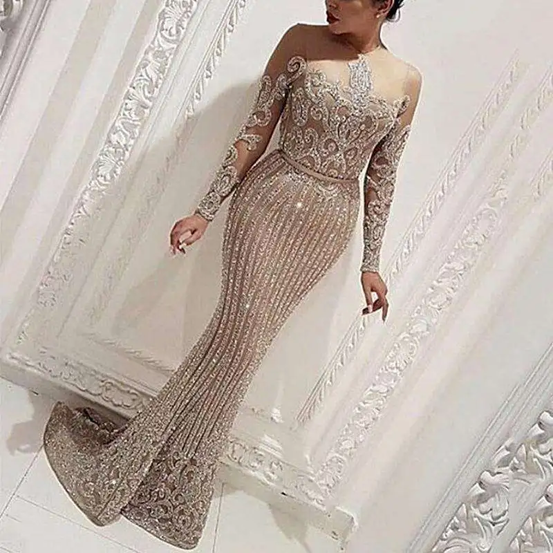 2XL Plus Size Fat Elegant, Women Evening Dresses Brides Clothing Long Sleeve Party Maxi Sequin Evening Dress