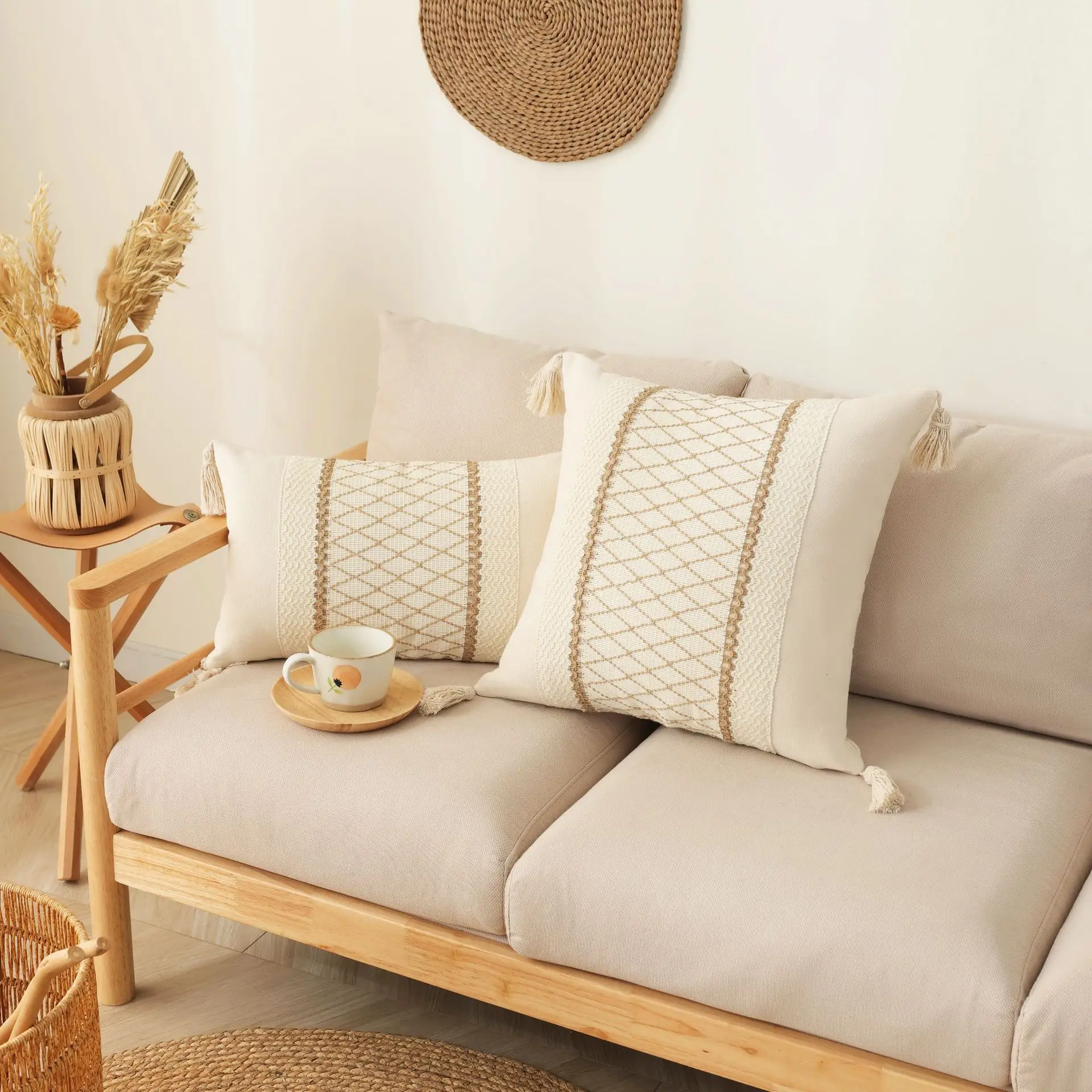 Striped Cotton Canvas Tassel Jacquard Throw Pillow Cover Macrame Patchwork Decorative Sofa Cushion Cover Lumbar Pillow