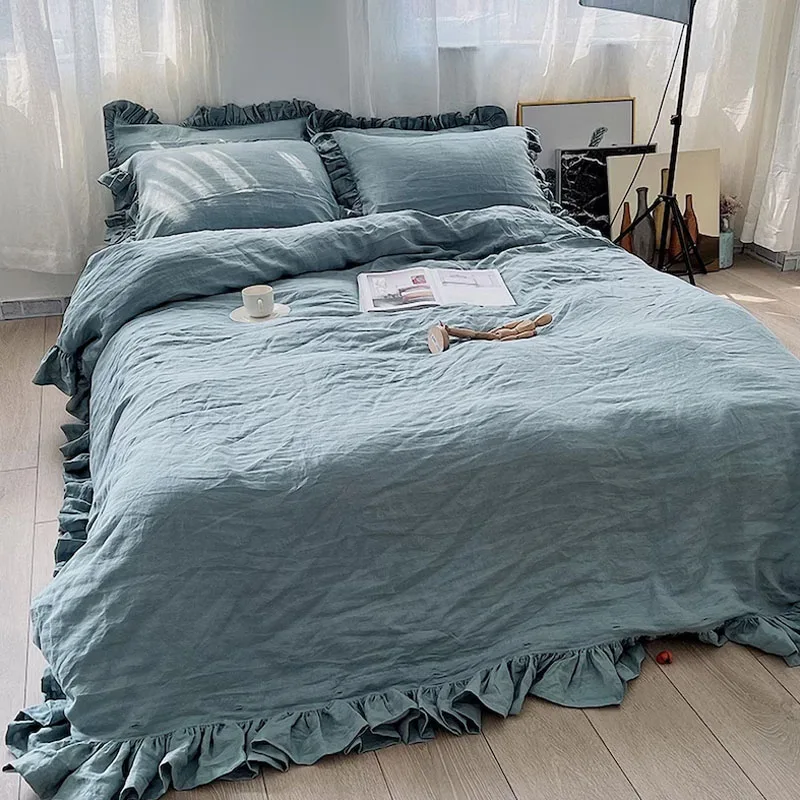 Eco-friendly Cotton linen Ruffled Sheets nature pure linen Ruffle Bedding set for Home hotel