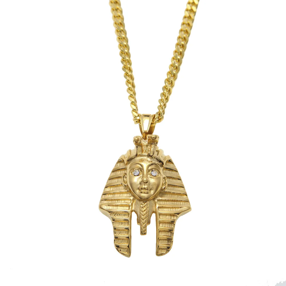 Stainless Steel Pharaoh Head Eye Diamond Pendant Cobra Shape Color Preserving Egyptian King Necklace