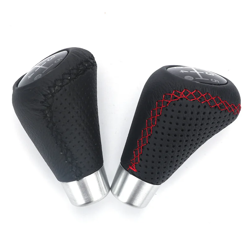 5 Speed Shift Handle Black Leather Red Line Real Leather Car Gear Shift Knob