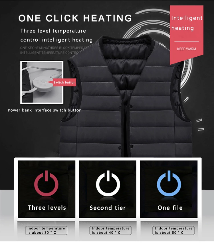 Black Sleeveless Men Warming USB Rechargeable Windproof Washable Heated Clothing Heated Vest