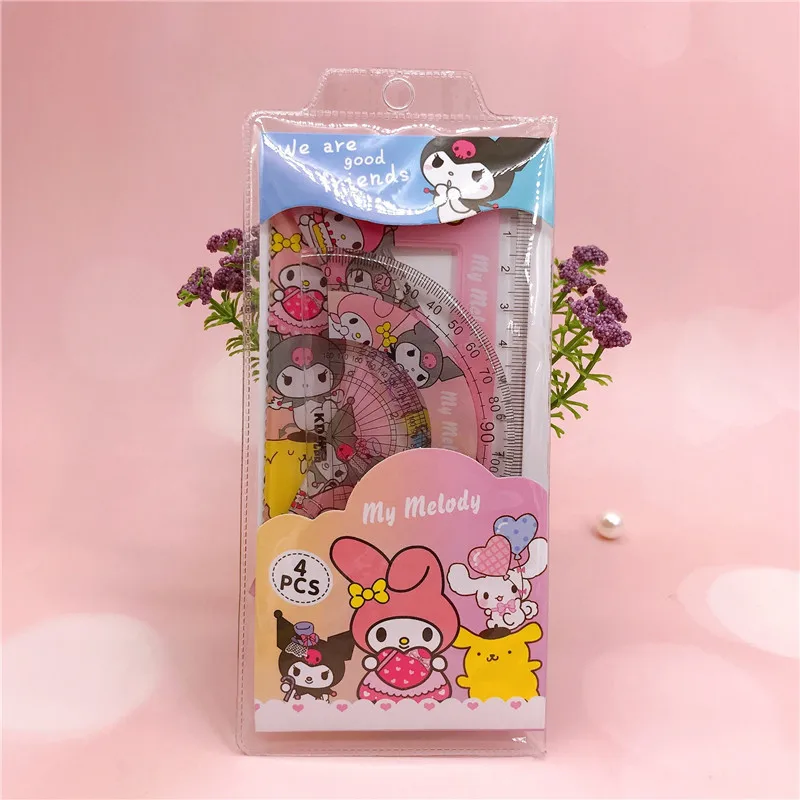 (Wholesale) School Stationery Kuromi Ruler Cute KT Melody 4pcs/set Plastic for Kids