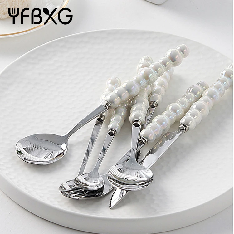 Wholesale new utensils flatware stainless steel cutlery knife fork spoon set with ceramic pearl handle