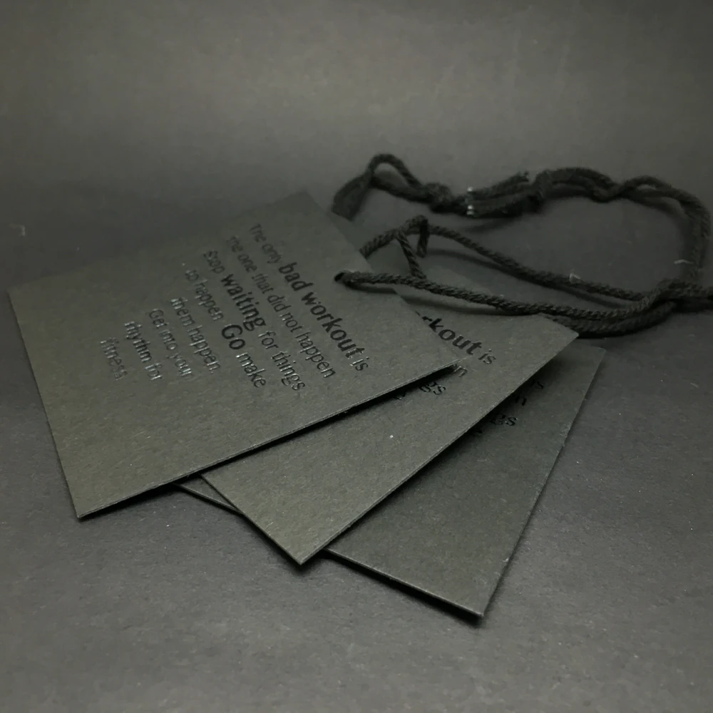 Recycled Coated Paper Shoes Jeans Garment Bags Luxury Emboss Foil Paper Elastic Cord String Swing Clothing Price Hang Tags