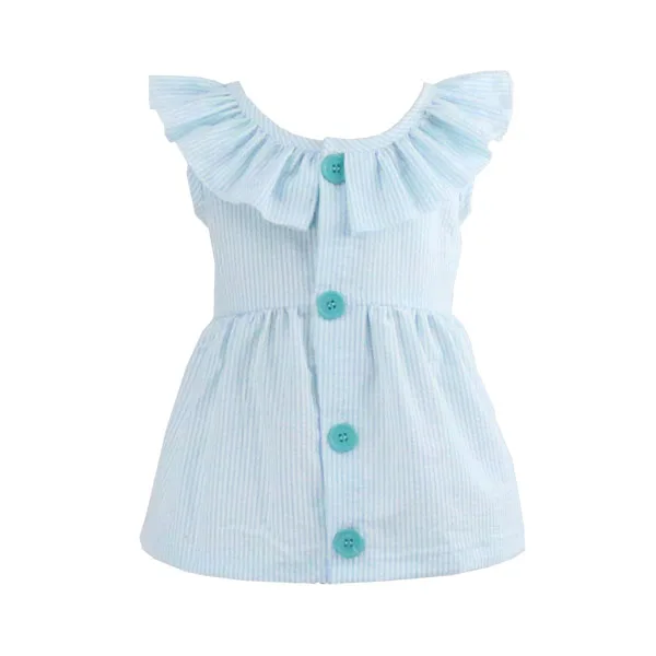 Preppy style high quality casual summer blue dress sleeveless ruffle collar button down kids girls soft dresses