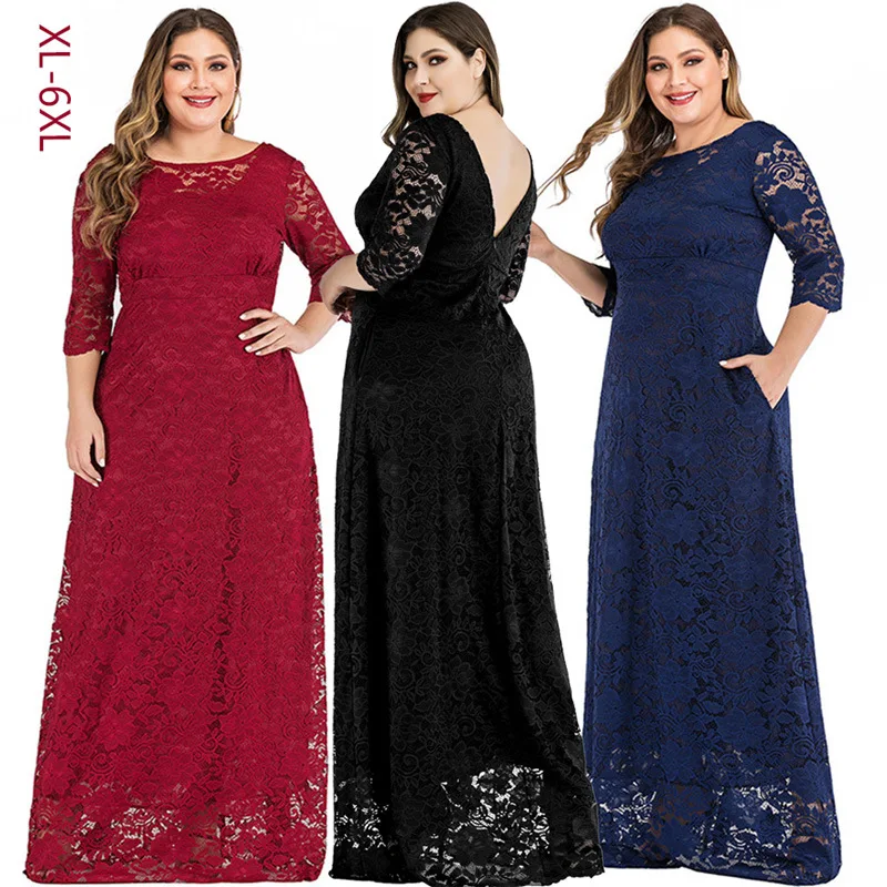 6XL Big Size Women Dress V Neckline 3/4 Sleeves Red Blue Black Lace Floor Length Cheap Evening Dresses