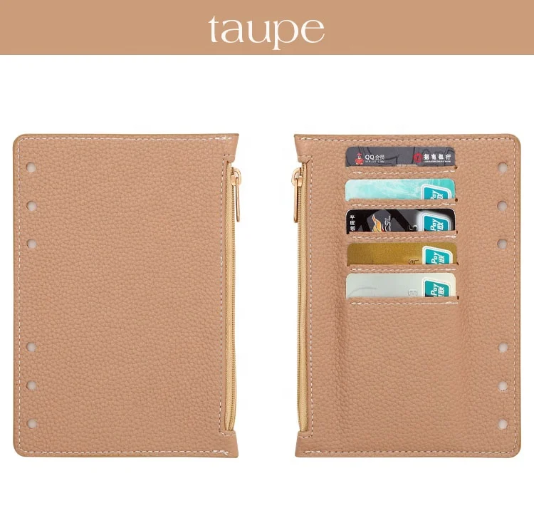Hongbo Best Selling School/Office Gift 9-Colored A6 Soft Genuine Litchi Leather Loose Fly Leaf with Card Slots & Zippered Pouch
