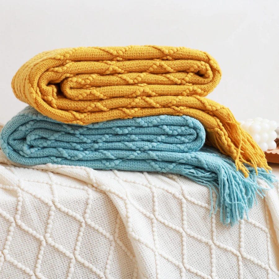 Tassel Throw Blanket Fringe Tassels Cable Knit Yellow Blanket Acrylic Textured Solid Home Chair Sofa Couch Bed Decor Blankets