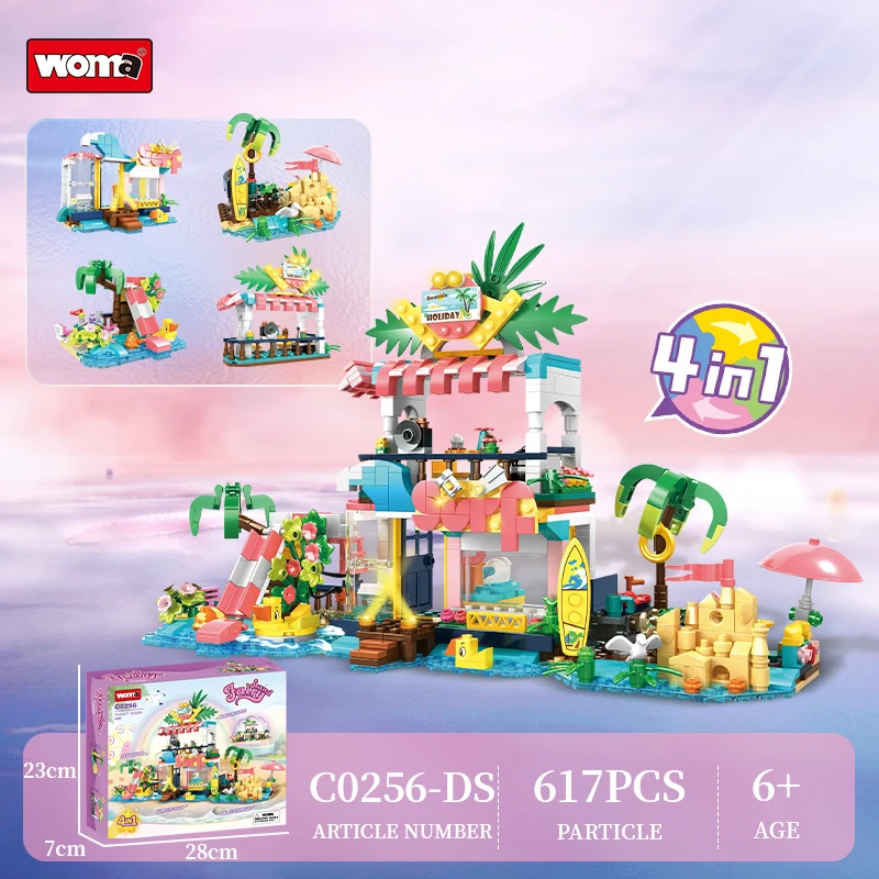 WOMA TOYS C0256-DS 617pcs 4 in 1 sea beach holiday house scenes land building block brick toy set for kids