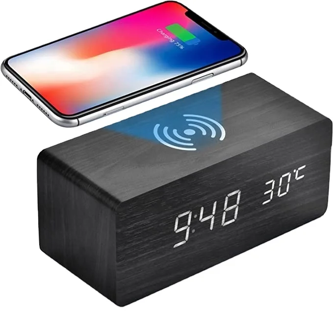 Factory price USB bamboo digital number display temperature alarm clock wooden LED Table clock