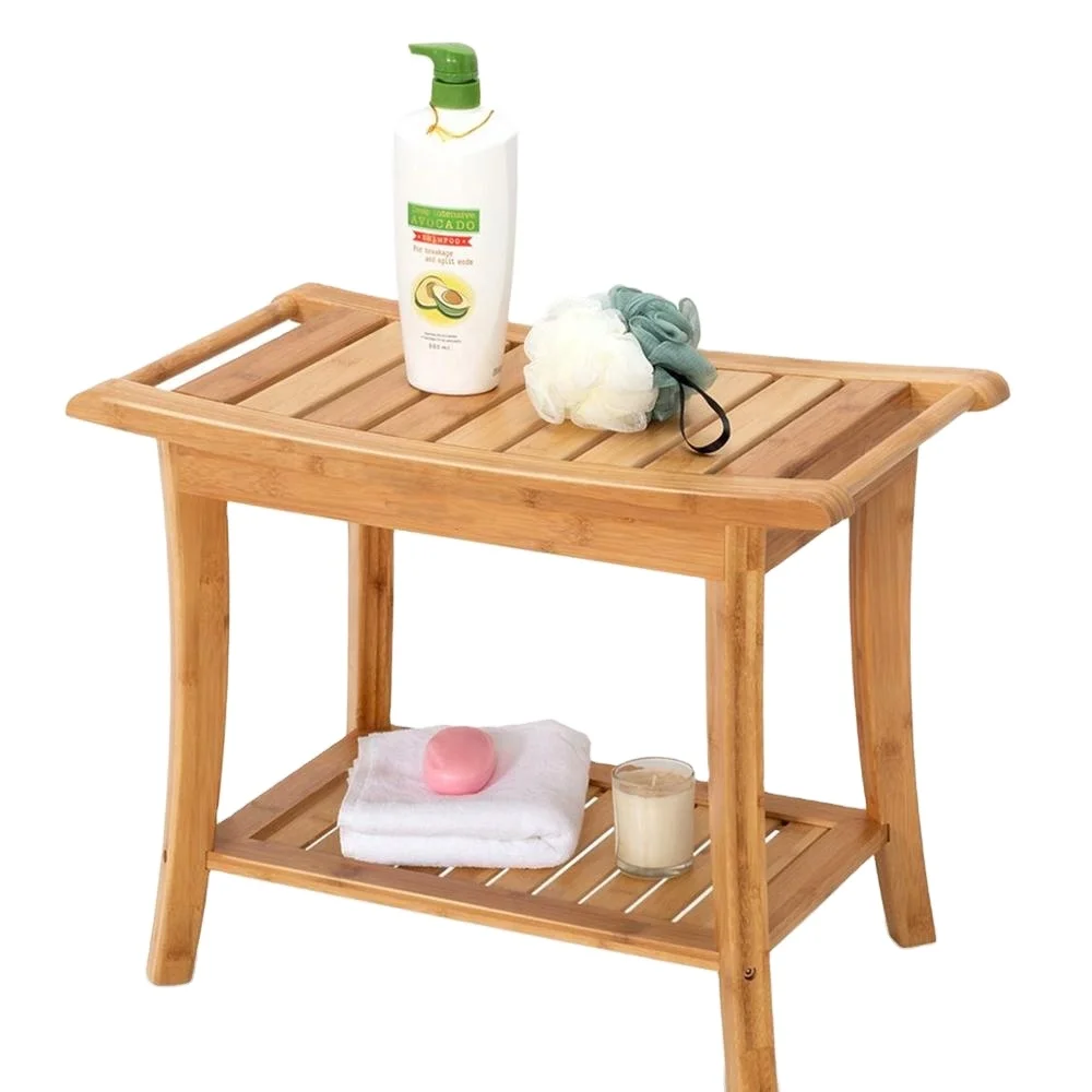 Bamboo Shower Bench Shower Chair Spa Bath Seat Stool Wood Spa Bench with Storage Shelf