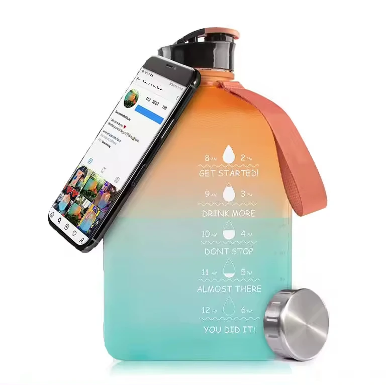 Motivational Water Bottle 2.7 L Safe Plastic Water Bottle With Cell Phone Holder