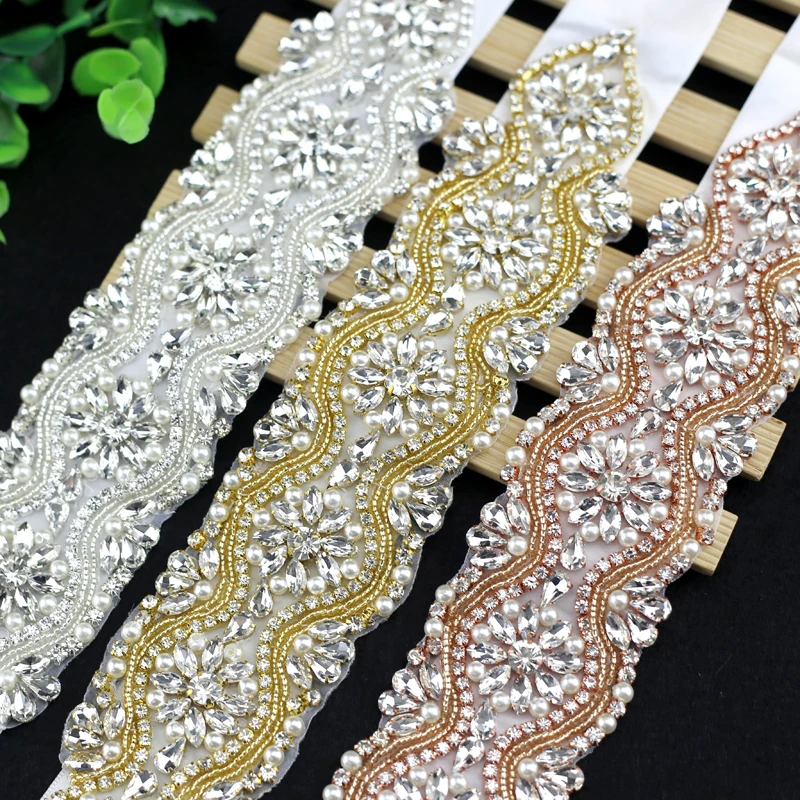 fashion diamond applique bridal sash handmade clear rhinestone and pearl wedding ribbon belt for bridal bridesmaid dress