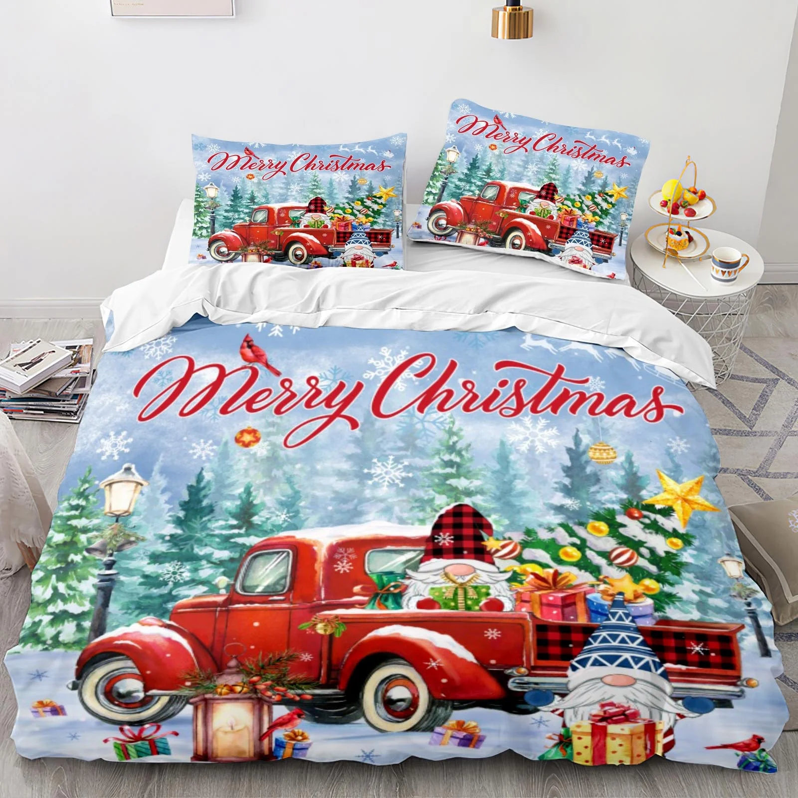 Custom 3D Printed Christmas Floral Cartoon Modern 3-Piece Duvet Cover Set Red Famous Car Tree Snow Polyester Comfort Cover Sets