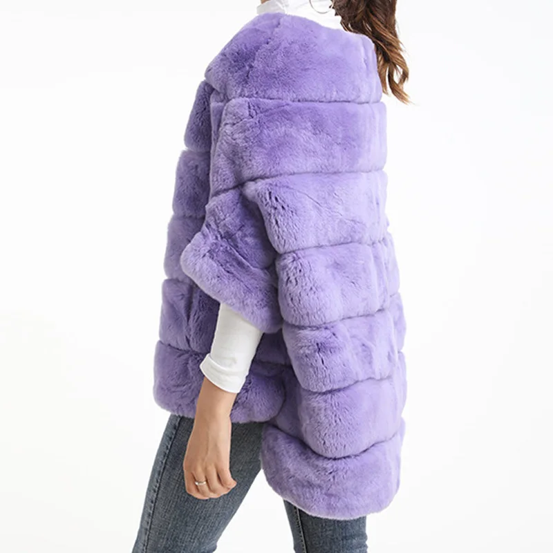 Real rex rabbit fur pullover bat sleeve fur style zipper coats lady fur fashion overcoat