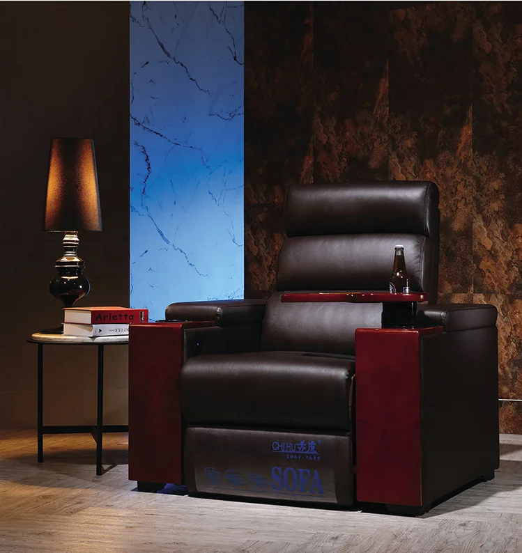 Современный Кожаный Электрический Диван для кинотеатра vip с дубовым лотком