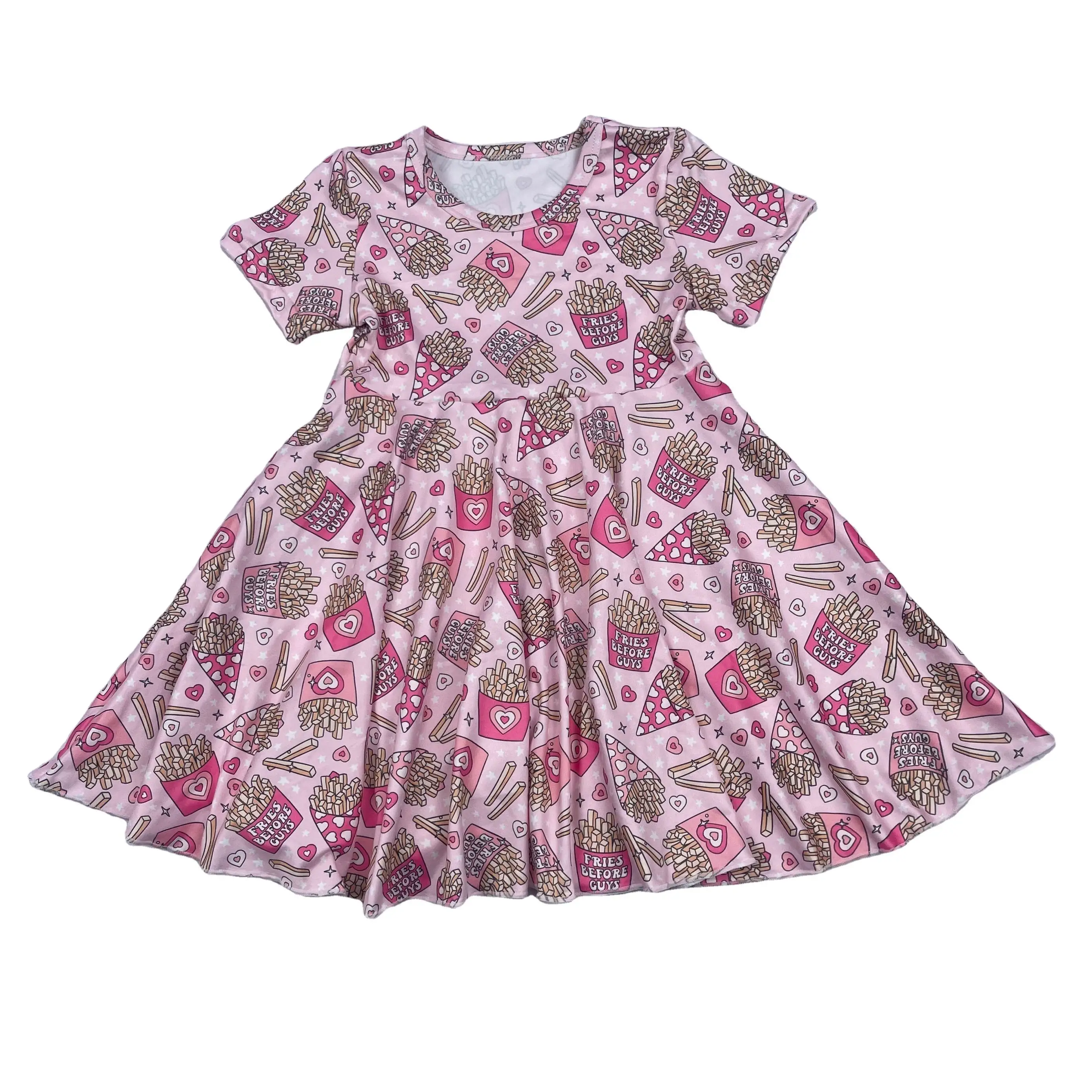 Custom Printed Cotton Casual Baby Girl Dress for  O-Neck Collar Print Short Sleeve for Casual Dress