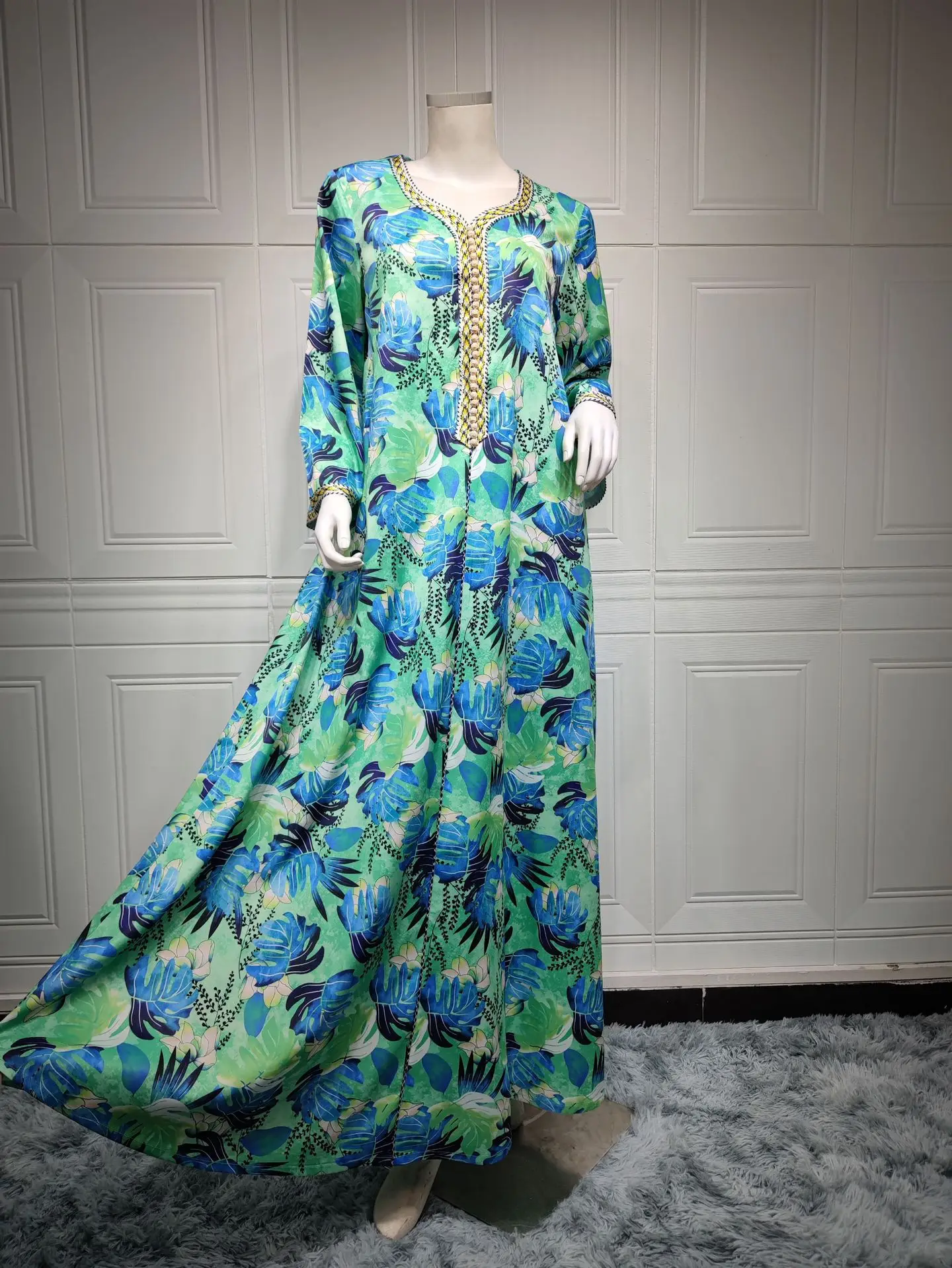 Summer Fashion Arabic Dress Abaya Printing Long Sleeves V Neck Patchwork Buttons Elegant Dubai Robe Party Maxi Dresses