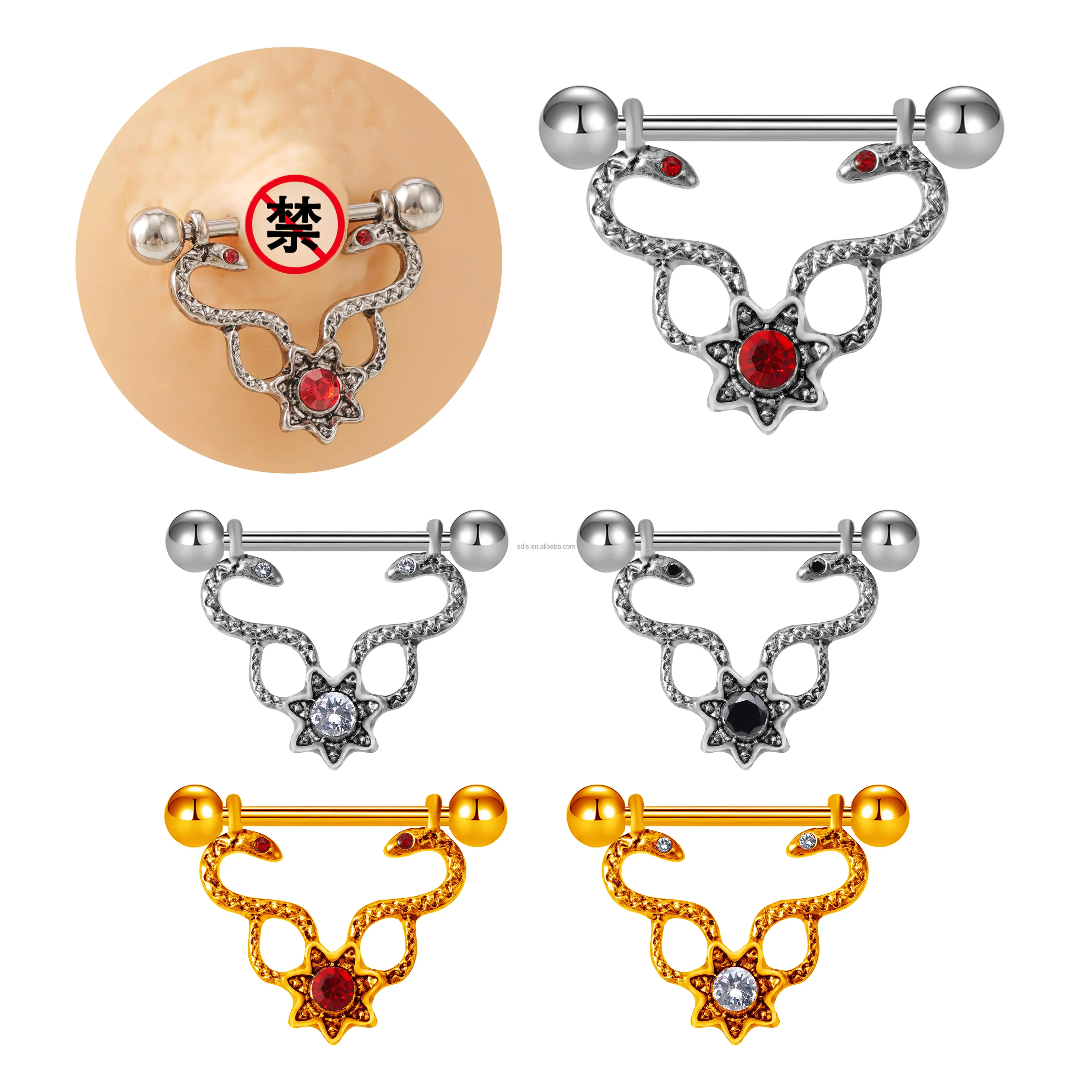 High Polished 14G Sexy Snake Design Nipple Barbell Red Eye Gem Nipple Piercing For Women Men