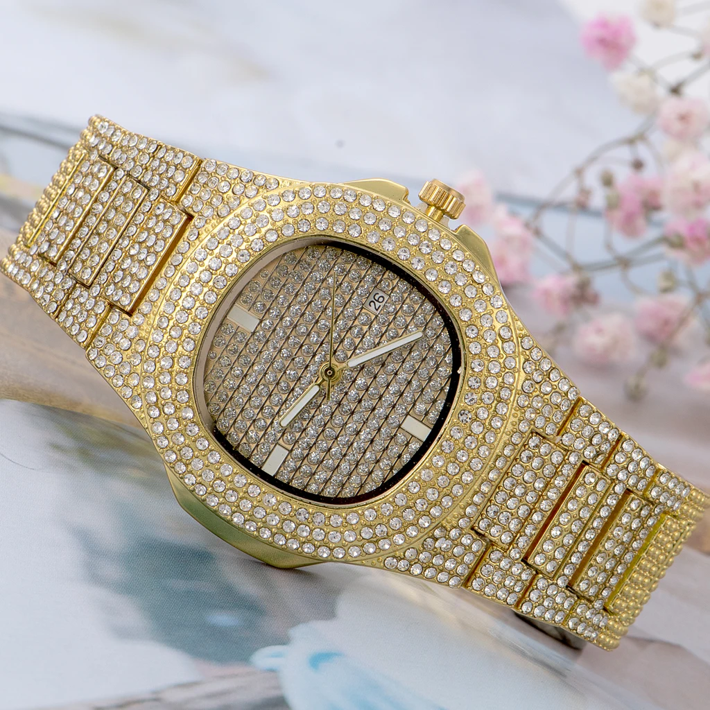 2021 Hip Hop Jewelry 18K Gold Plated Micro CZ Diamond Stainless Steel Roman Watches Luxury Men