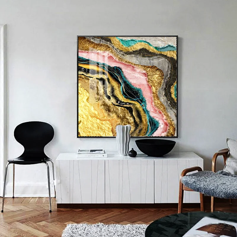 Abstract Gold Foil Oil Painting Canvas Wall Hanging Art Picture Gold Geode Epoxy Resin Glass Printing Crystal Porcelain Painting