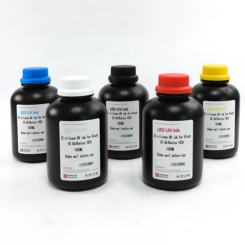 ZS GJ-007 1000ml silicone Uv curable ink for Silica gel refill for Ricoh G5 G6 /Konica 1024 flatbed printer (CMYK+W)