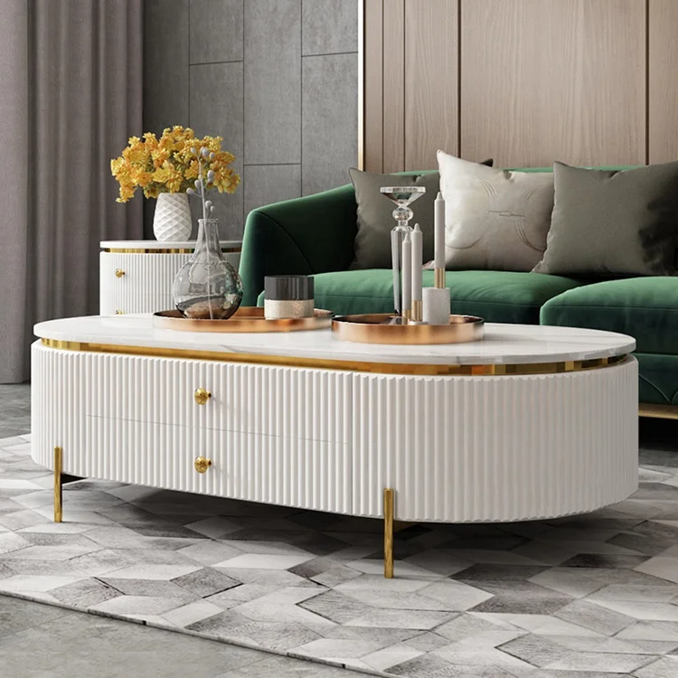 Luxury Home Living Room Furniture Black Marble Golden Oval Coffee Tables With Metal Legs