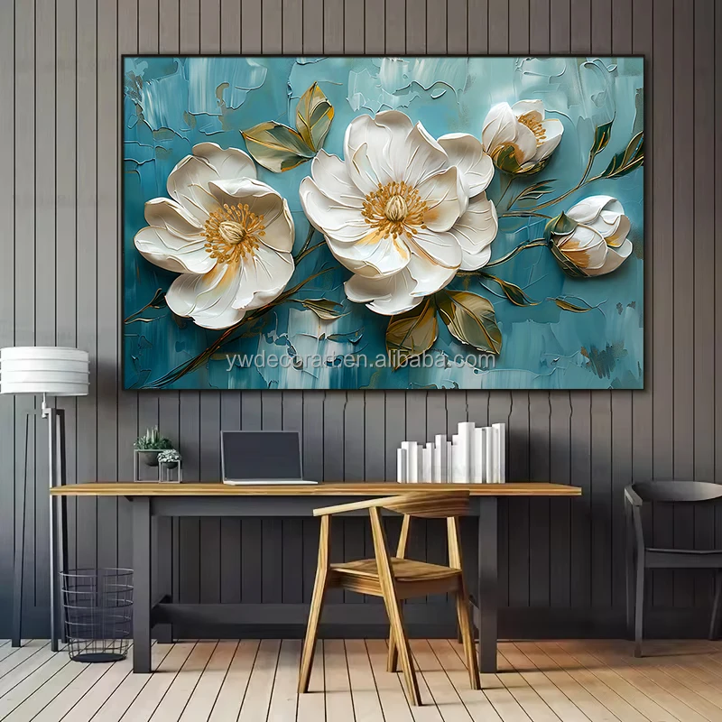 Custom Modern White Flower Canvas Painting Stereoscopic Style Framed Wall Art for Home Living Room Decor
