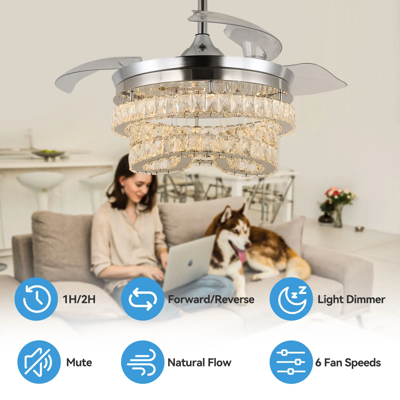 42-Inch Modern Smart LED Ceiling Fan with Transparent Blade Dimmable Light and Remote Control with Memory Function for Home Use