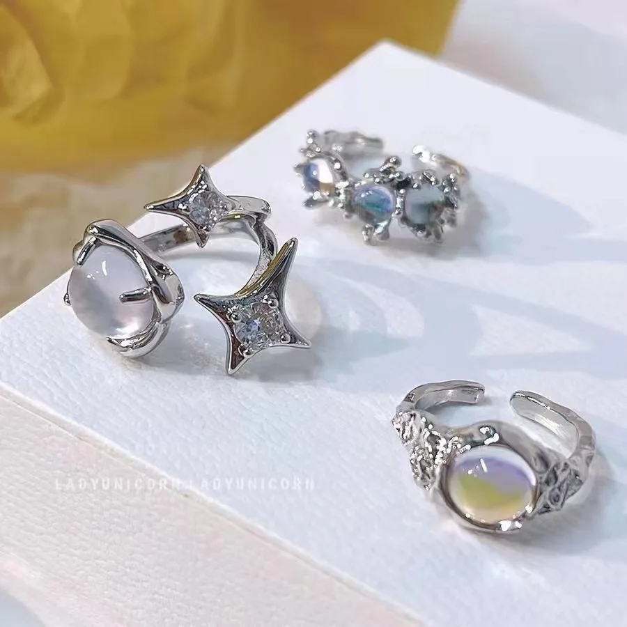 Geometric Crystal Rings Accessories Jewelry Women Cute Y2K Oil Drip Moonstone Rings Zinc Alloy Environmental Friendly Romantic